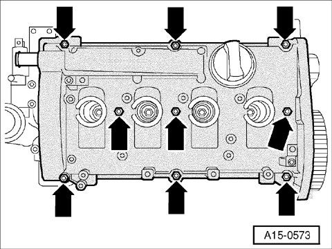 Loosen nuts -arrows- for cylinder head cover and remove cylinder head cover.
15 Engine—Cylinder Head, Valvetrain
page C 15-8